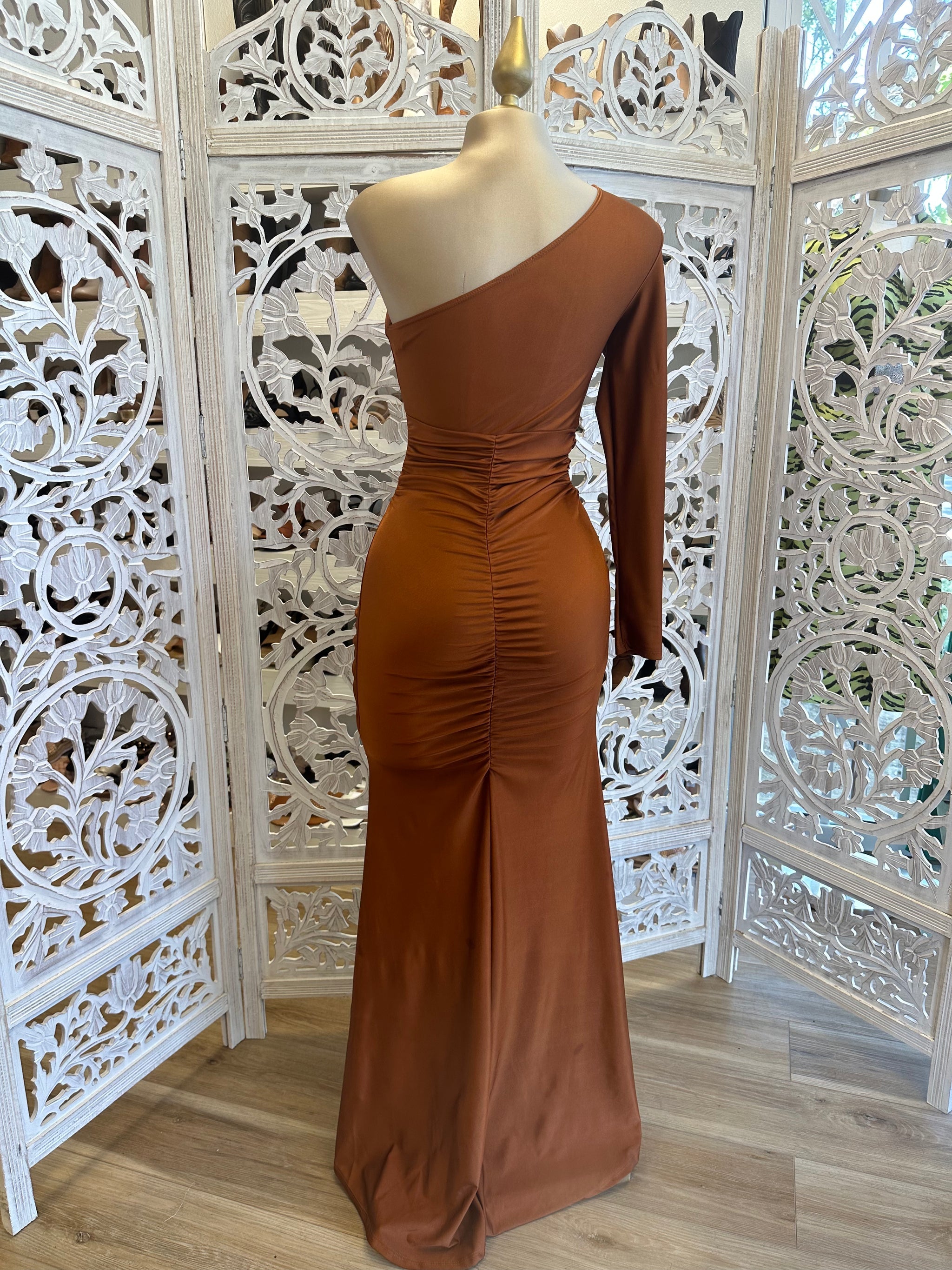One-Shoulder Cutout Ruched  High Slit Maxi Dress