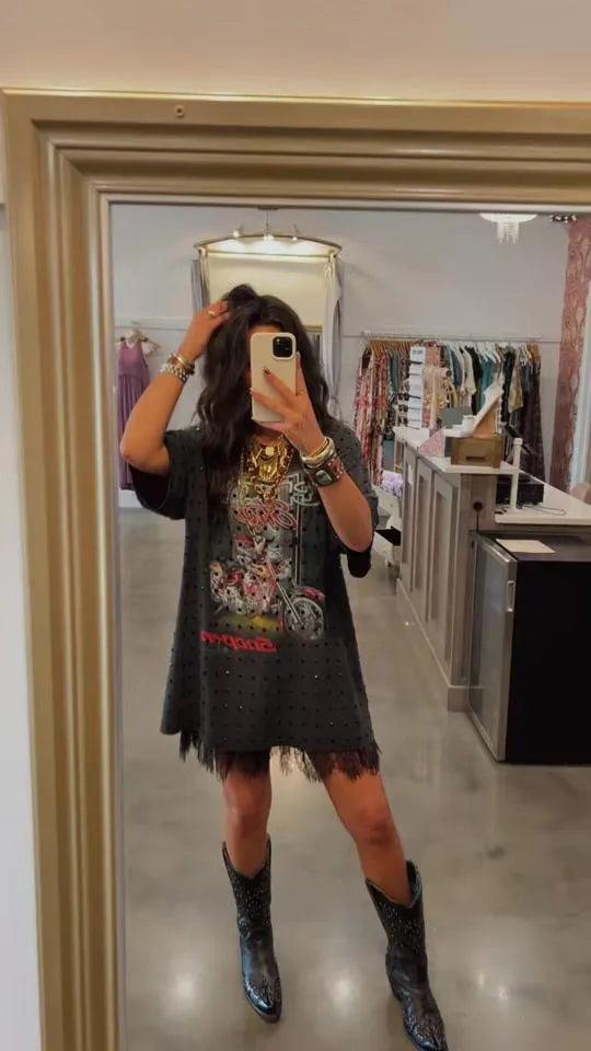 Vintage Rhinestone Print Oversized T-shirt Dress