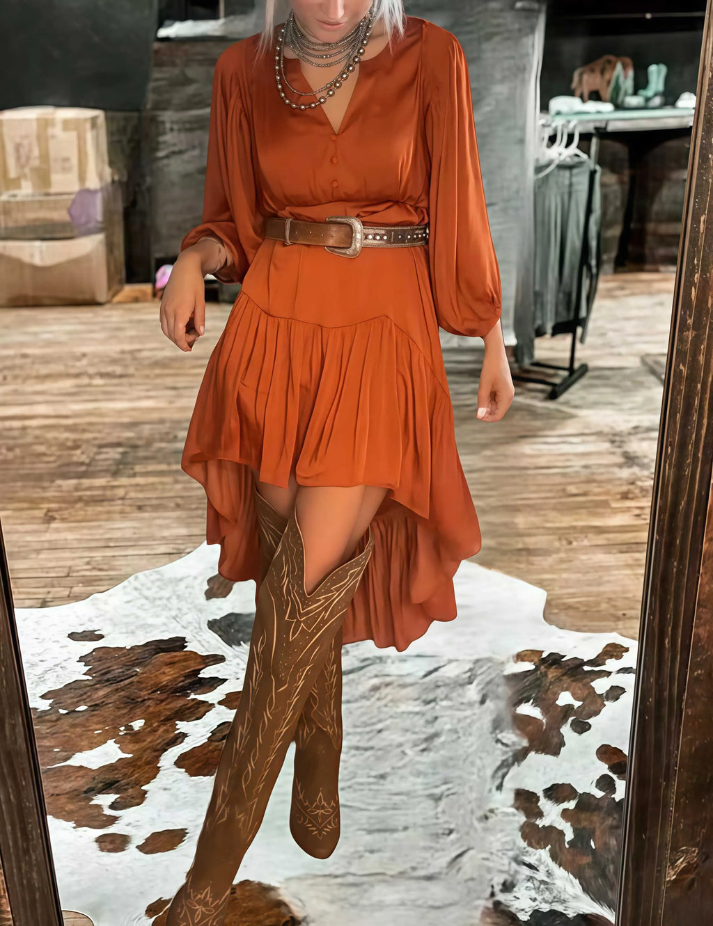 Women's Vintage V-Neck Long Sleeve Dress