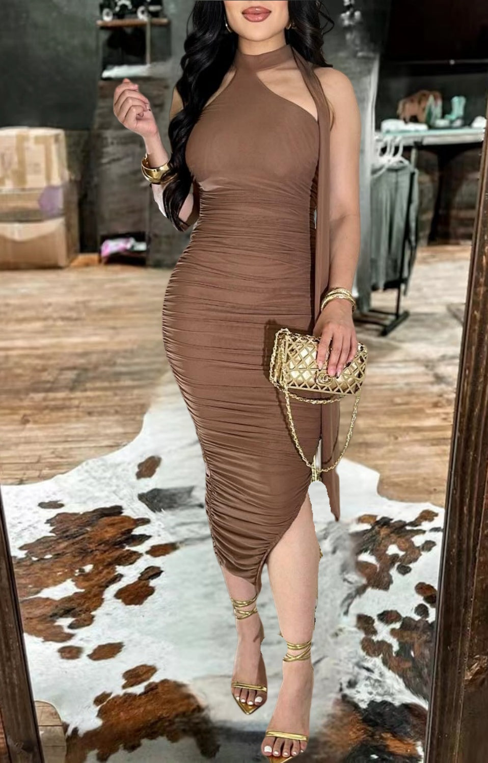 Sculpted Elegance Ruched Midi Dress