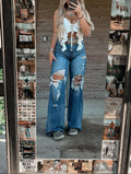 Washed Ripped Flared Wide-leg Jeans