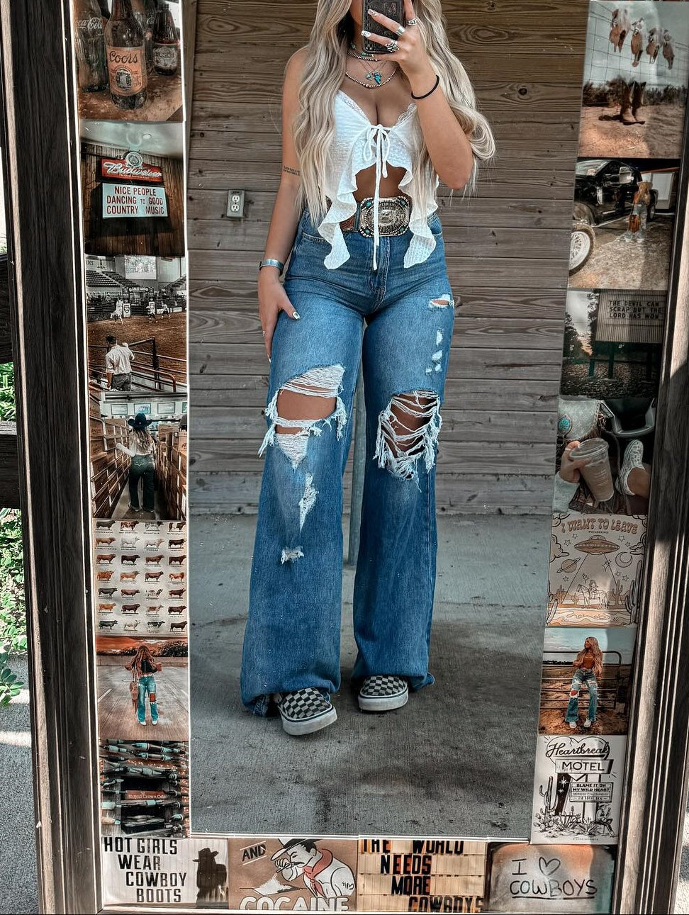 Washed Ripped Flared Wide-leg Jeans