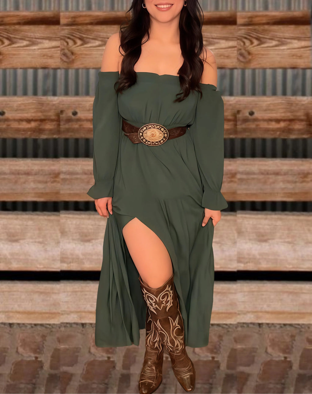Western Off-Shoulder Slit Maxi Dress