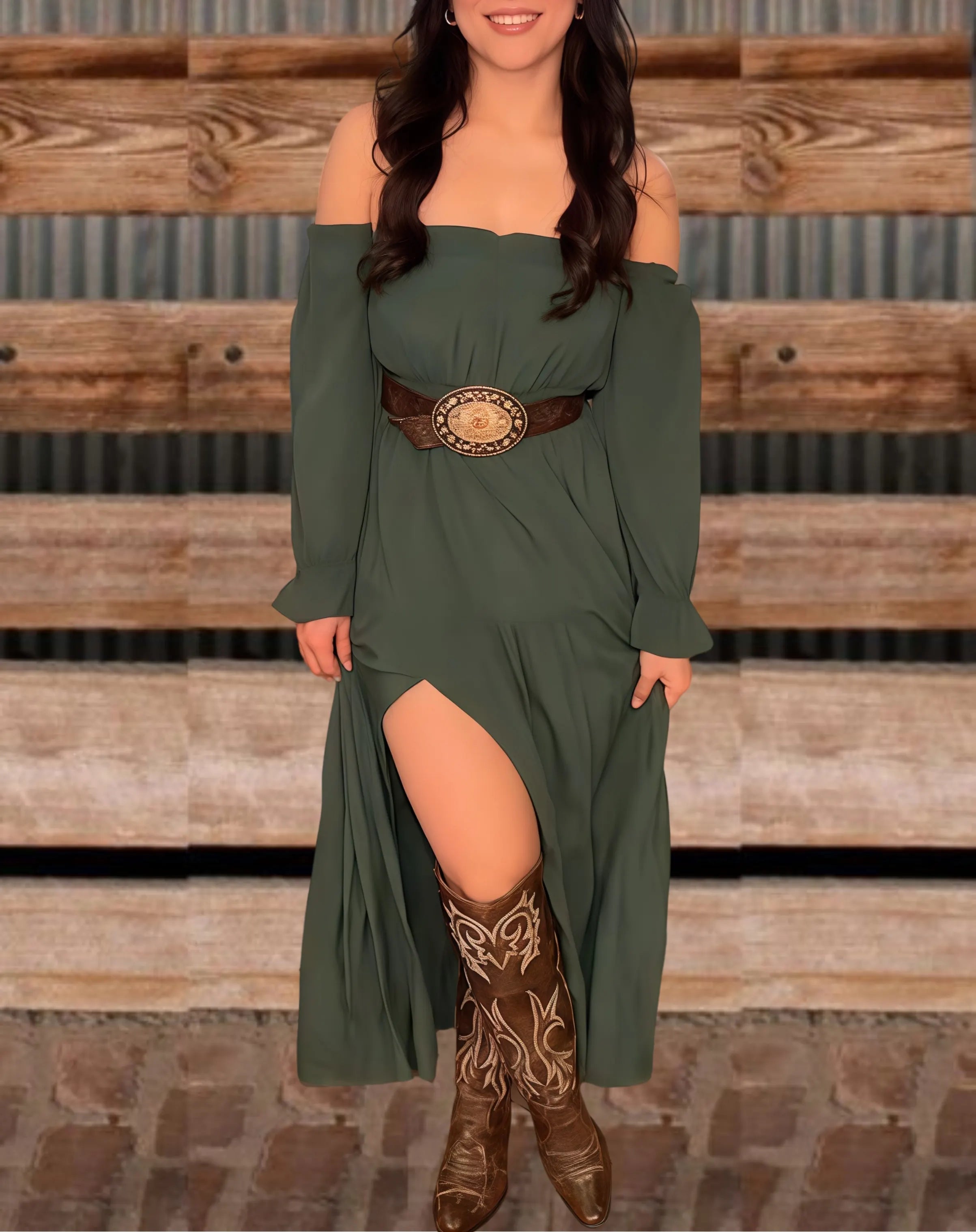 Western Off-Shoulder Slit Maxi Dress
