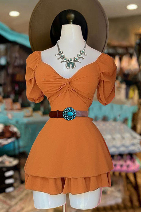 Pretty Ruffled Pleated V-Neck Short-Sleeved Dress