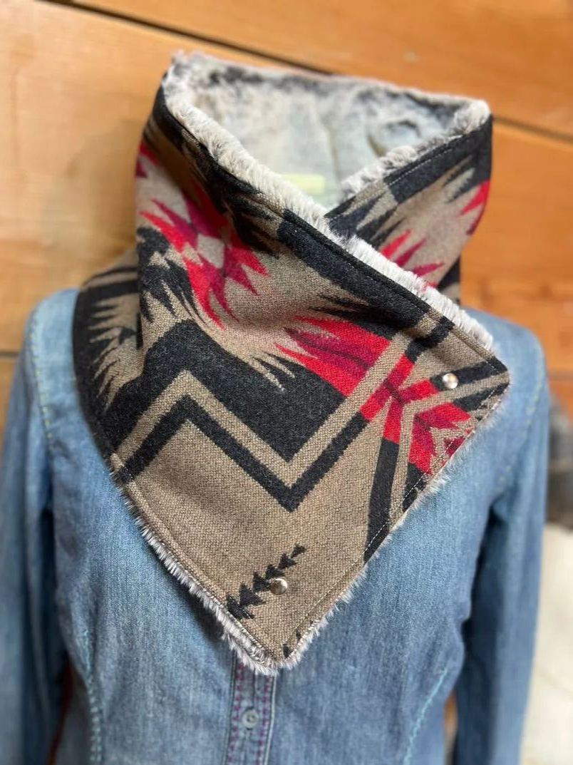 Western Khaki Gray Aztec Sherpa Warm Neck Hood