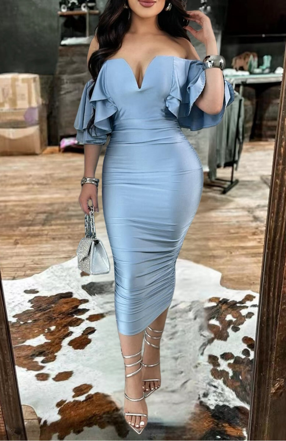 Chic V neck Off-Shoulder Satin Dress