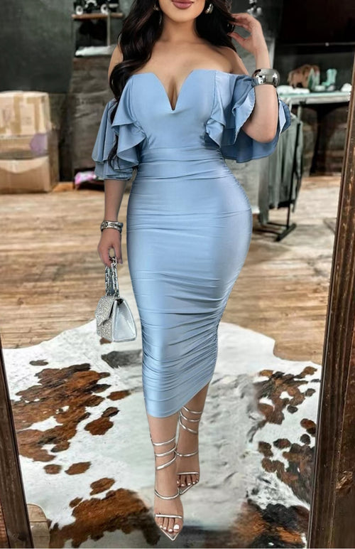 Chic V neck Off-Shoulder Satin Dress