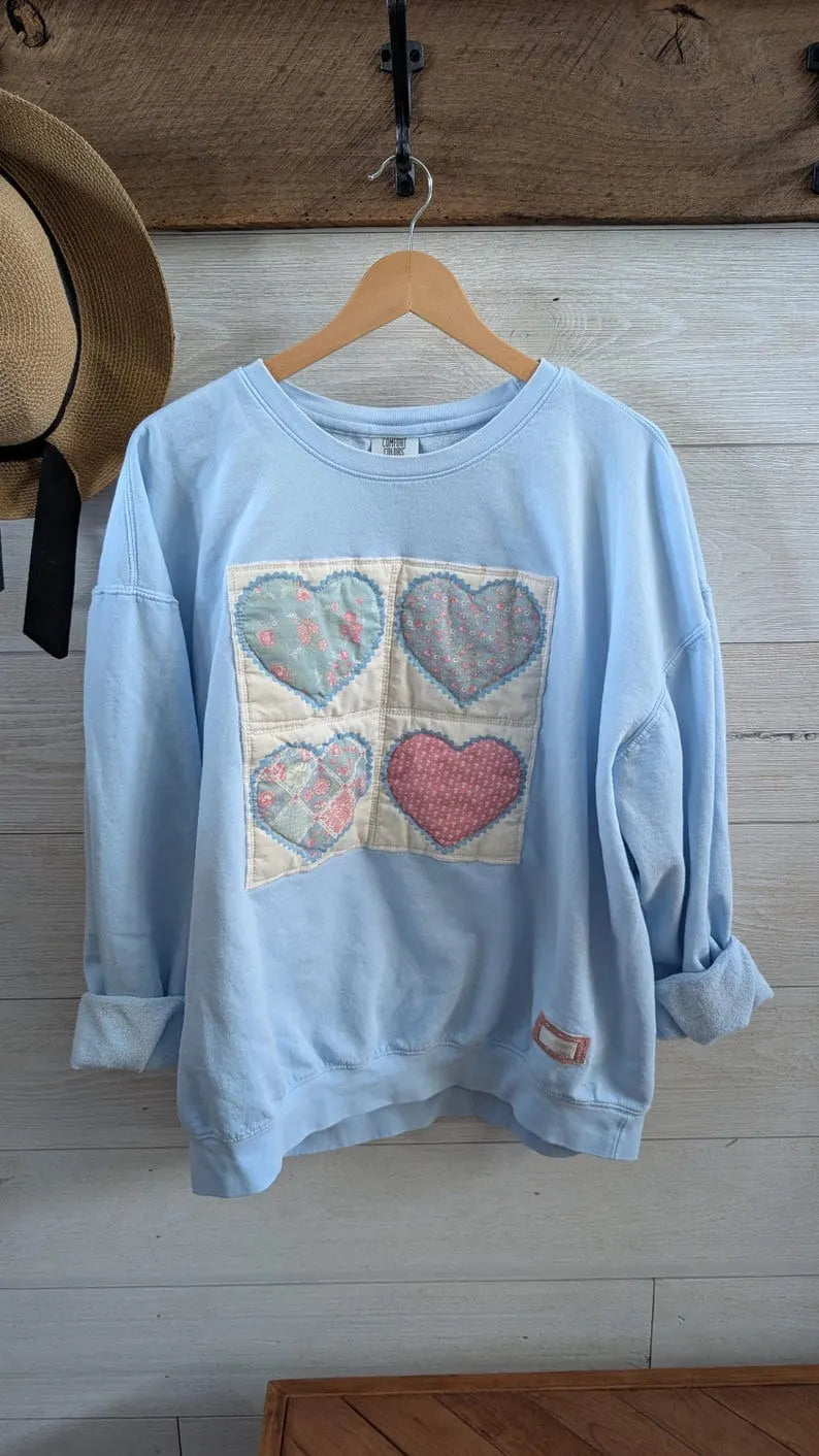Vintage Quilted HEARTS Print on Pale Blue Crewneck