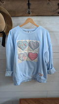 Vintage Quilted HEARTS Print on Pale Blue Crewneck