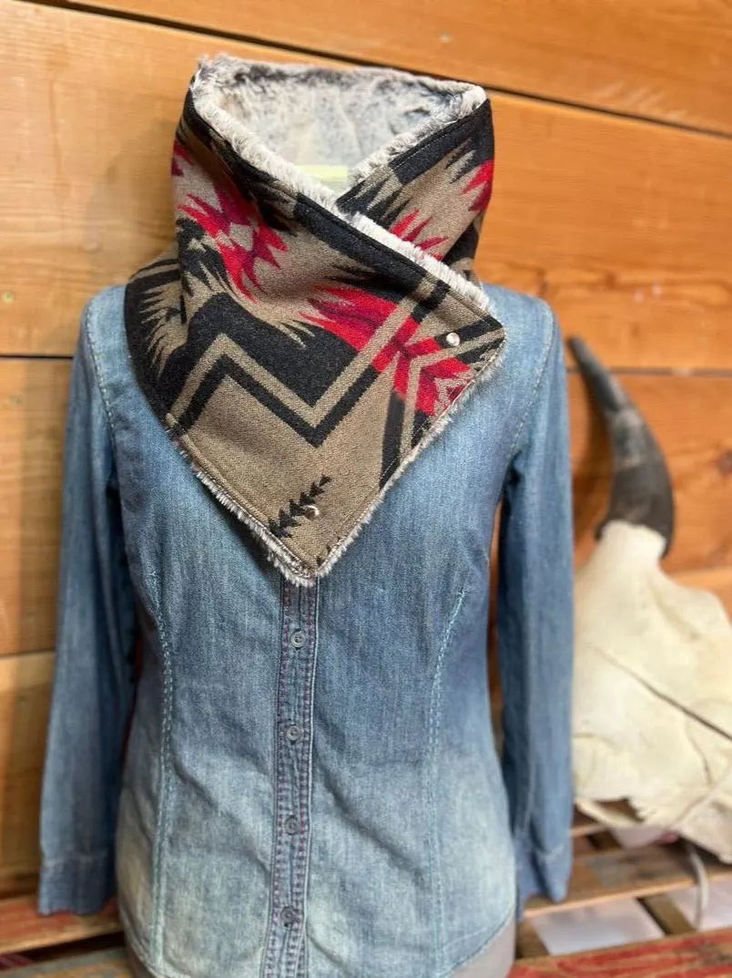 Western Khaki Gray Aztec Sherpa Warm Neck Hood