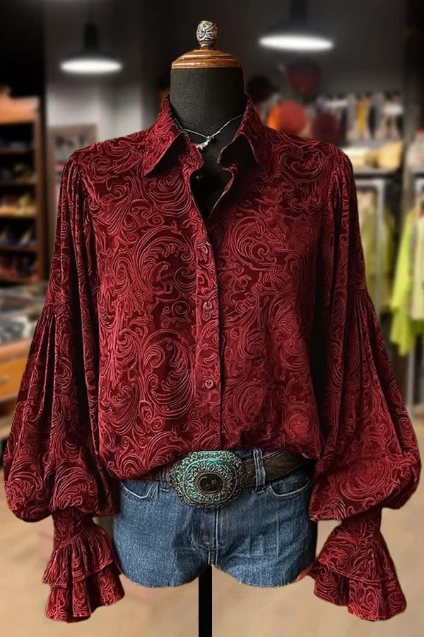 Vintage Floral Print Lantern Sleeve Velvet Top