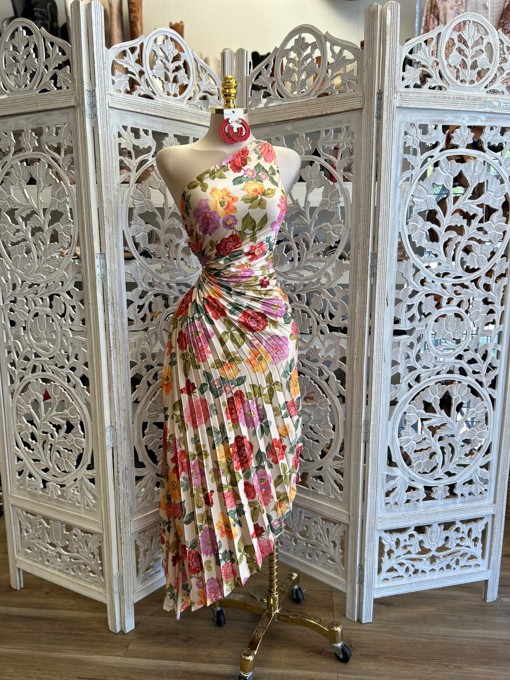 Pleated Floral One Sleeve Dress