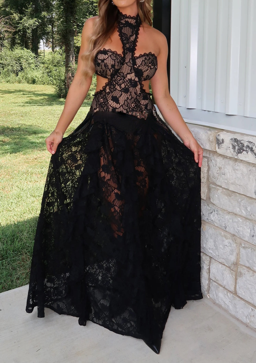 Western Chic Black Halter Lace Maxi Dress