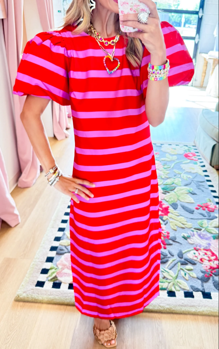 Red and Pink Stripe Puff Sleeve Maxi Dress