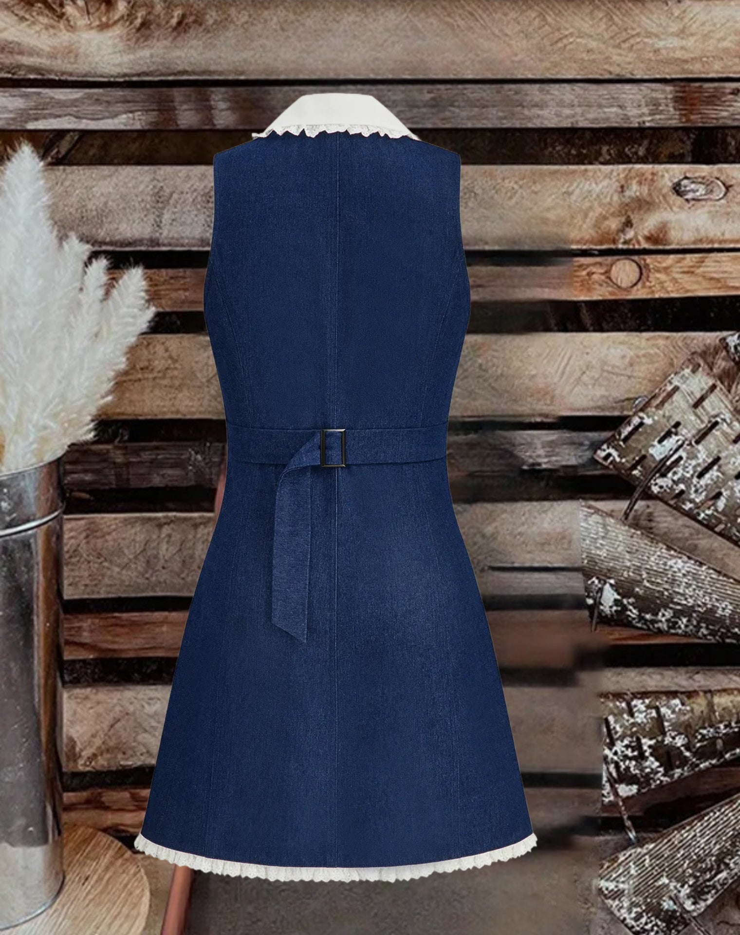 Denim Lace Trim Lapel Mini Dress