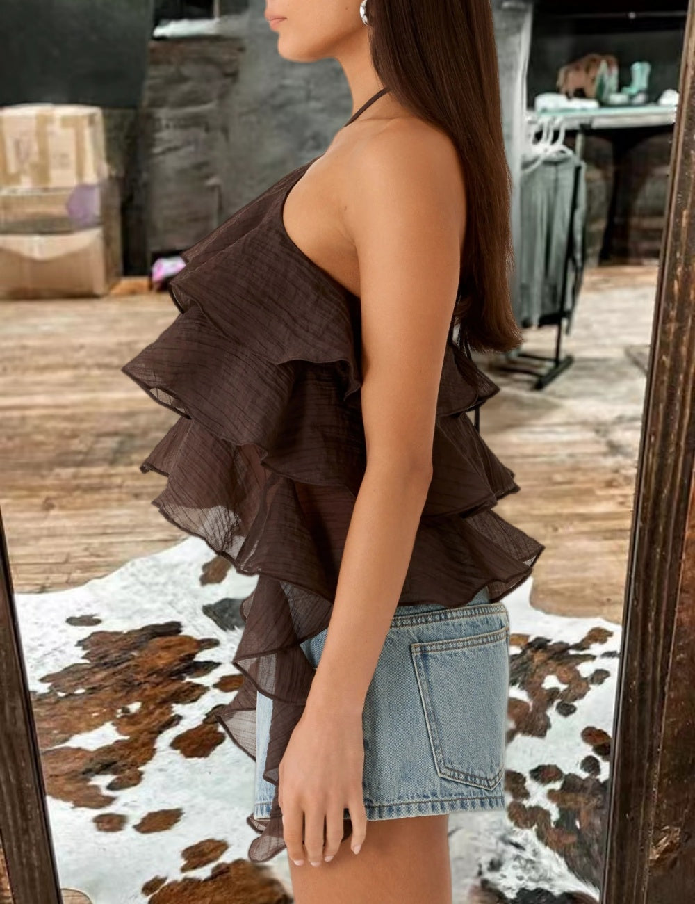 Frill Halter Top - Chocolate