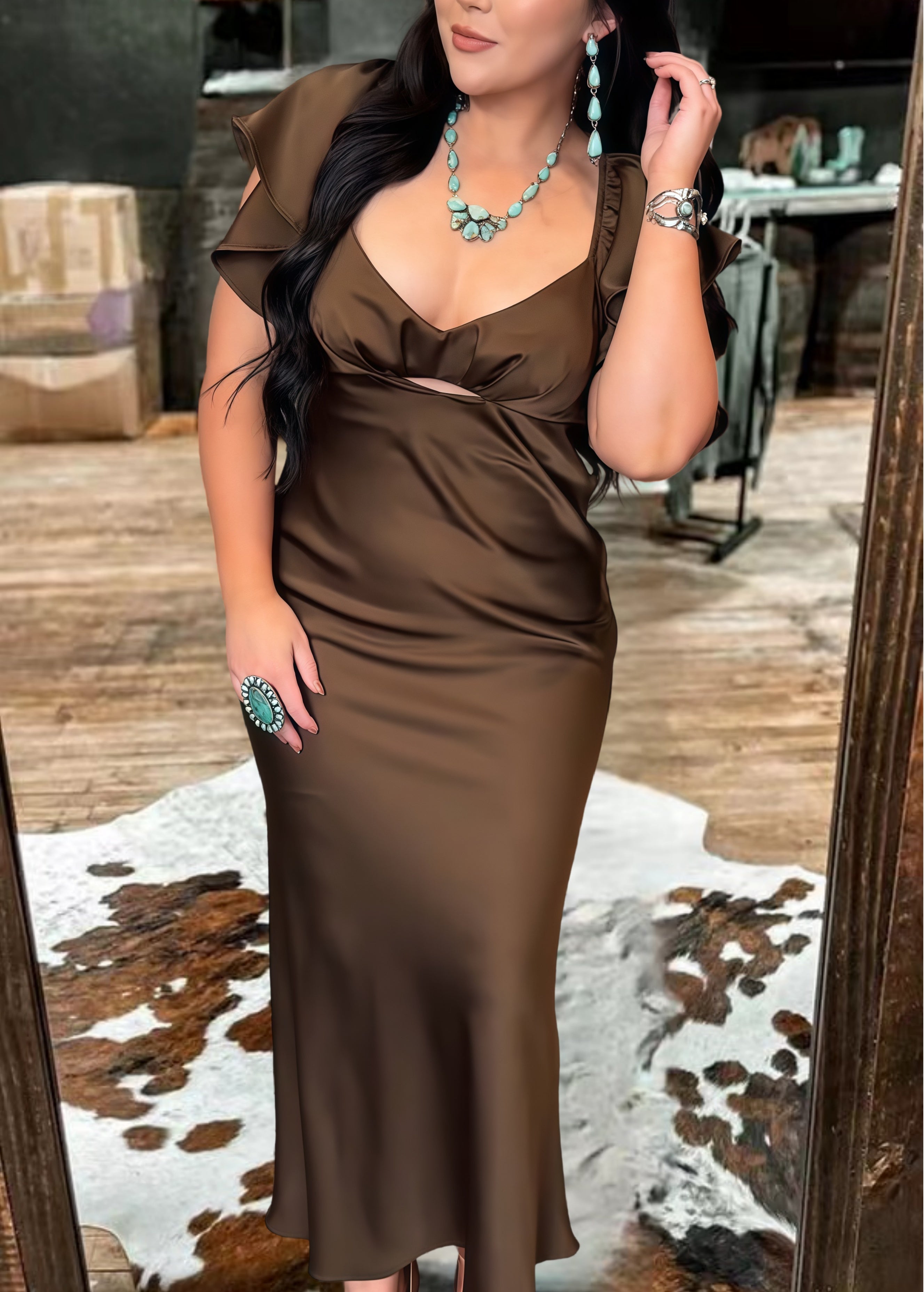 Western-Inspired Ruffle Sleeve Satin Midi Dress