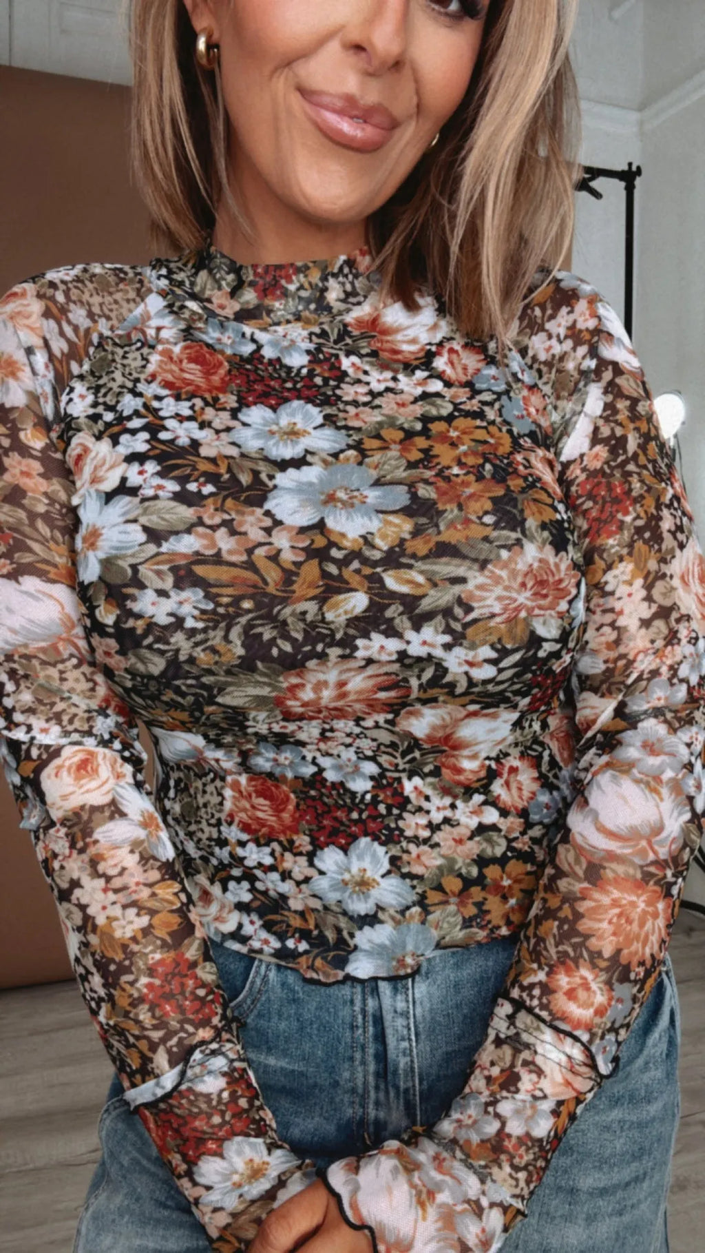 Floral Print Mesh Top