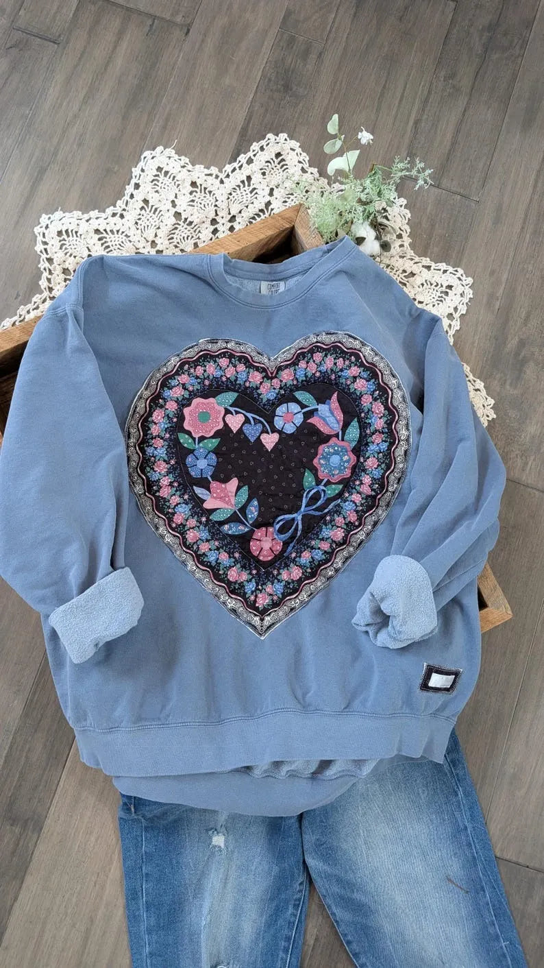 FULL HEART Print on Denim Blue Crewneck