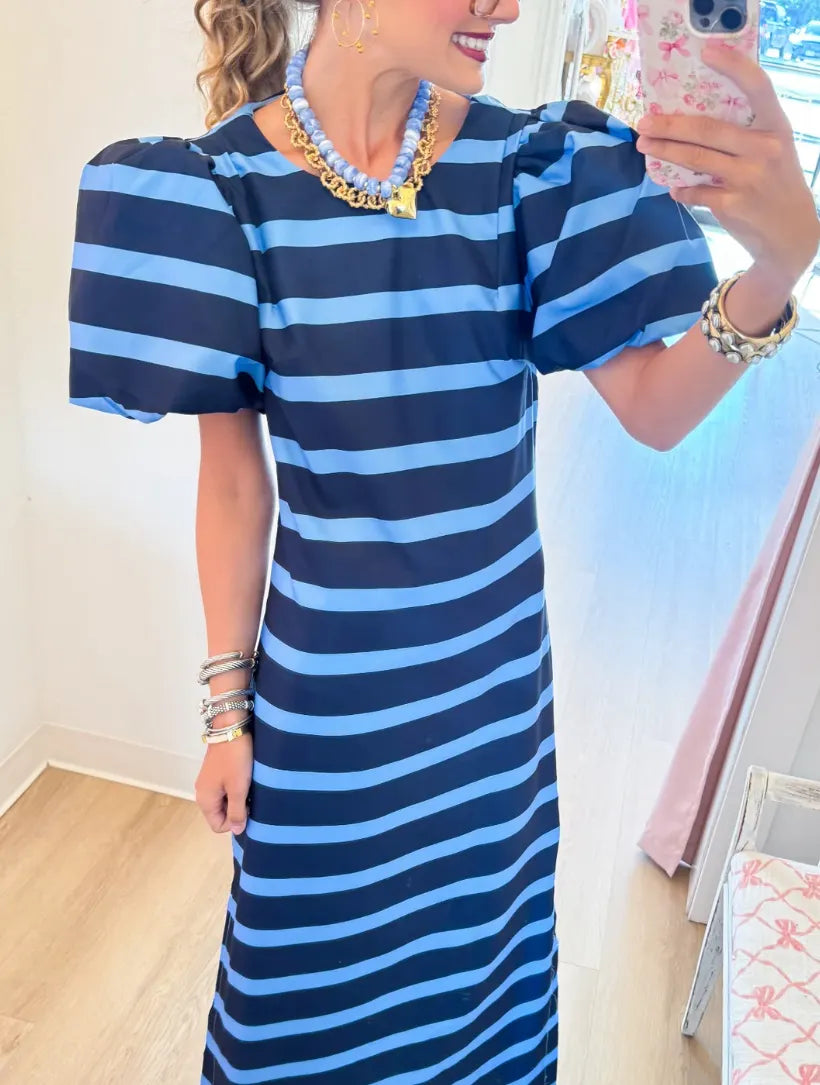 Navy and Blue Stripe Puff Sleeve Maxi Dress