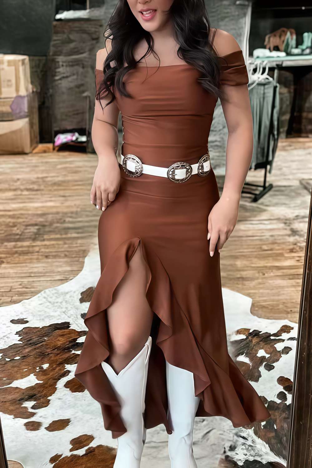 One-shoulder Strappy Ruffled Slit Dress