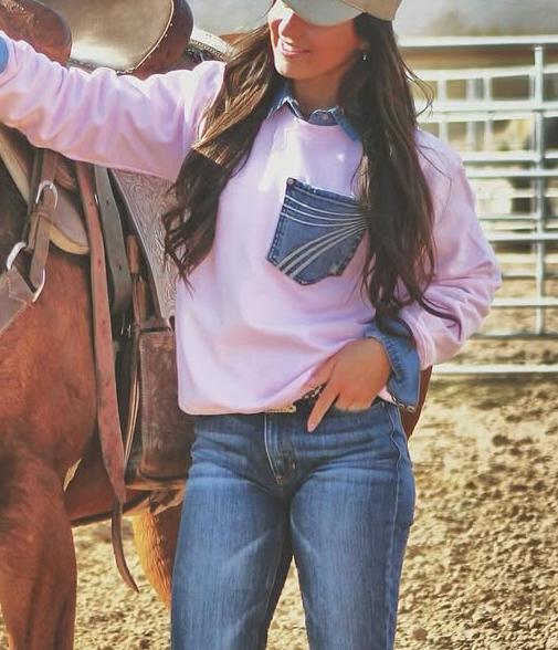 Western Jeans Pocket Pullover Top