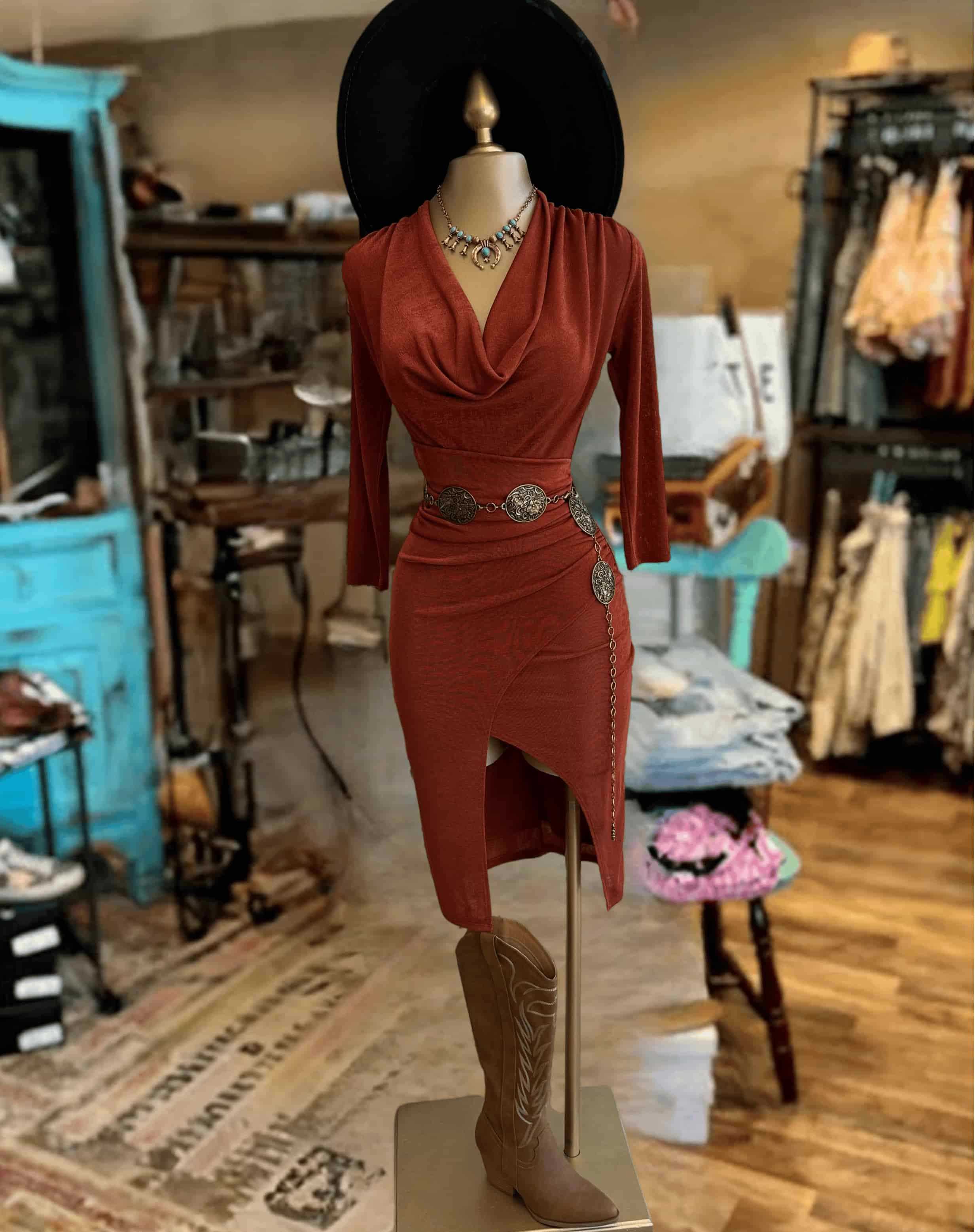 Folded collar Smocked Slit Knitted Long sleeve Dress