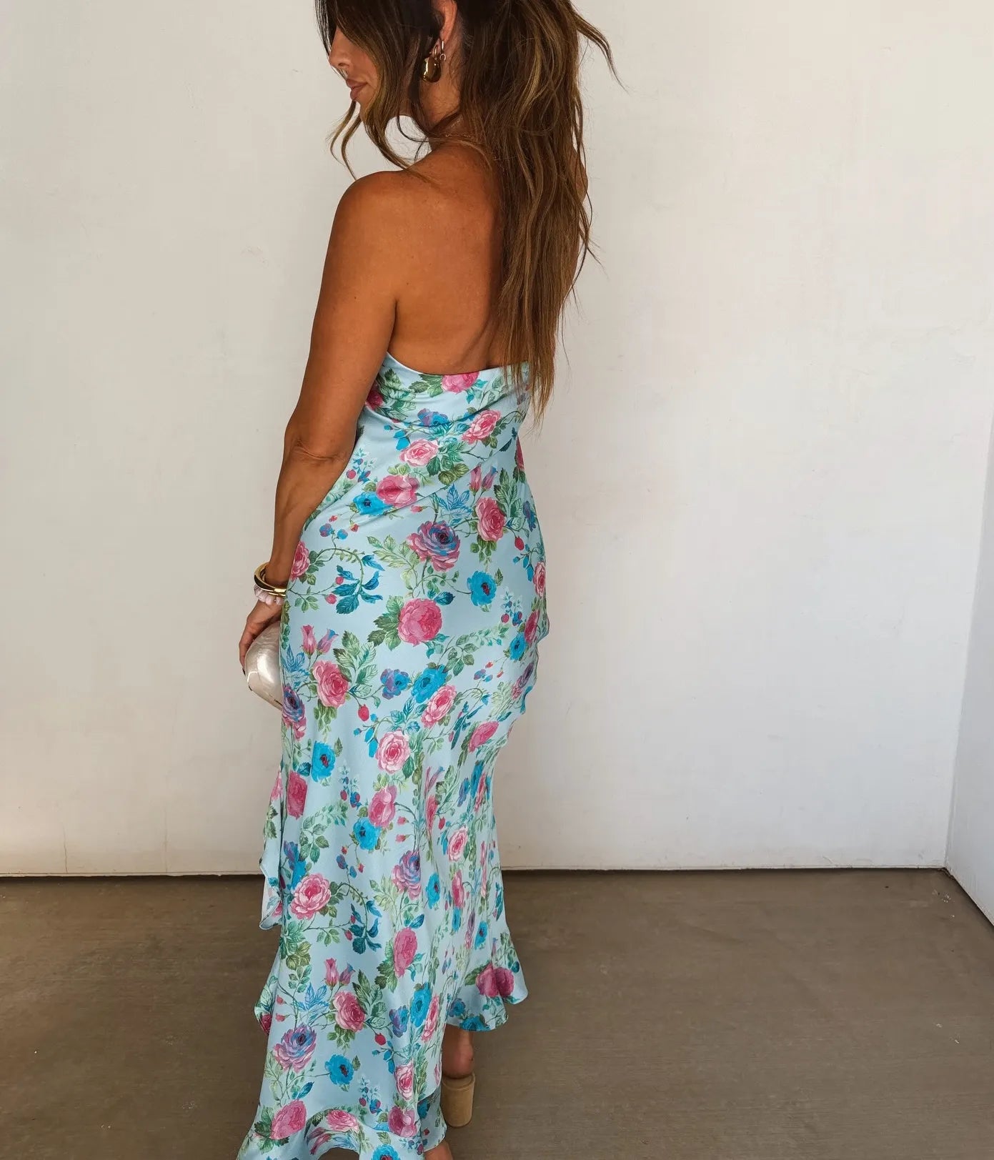 Azure Bloom Strapless Floral High-Low Dress