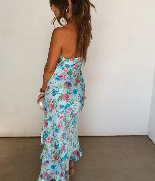 Azure Bloom Strapless Floral High-Low Dress