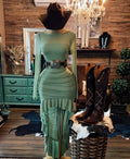 Western Sage Ruffle Long Sleeve Slim Fit High-Low  Dress