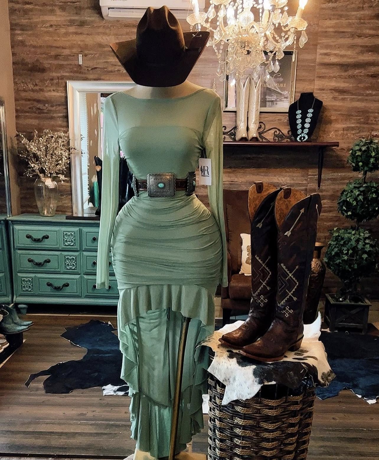 Western Sage Ruffle Long Sleeve Slim Fit High-Low  Dress