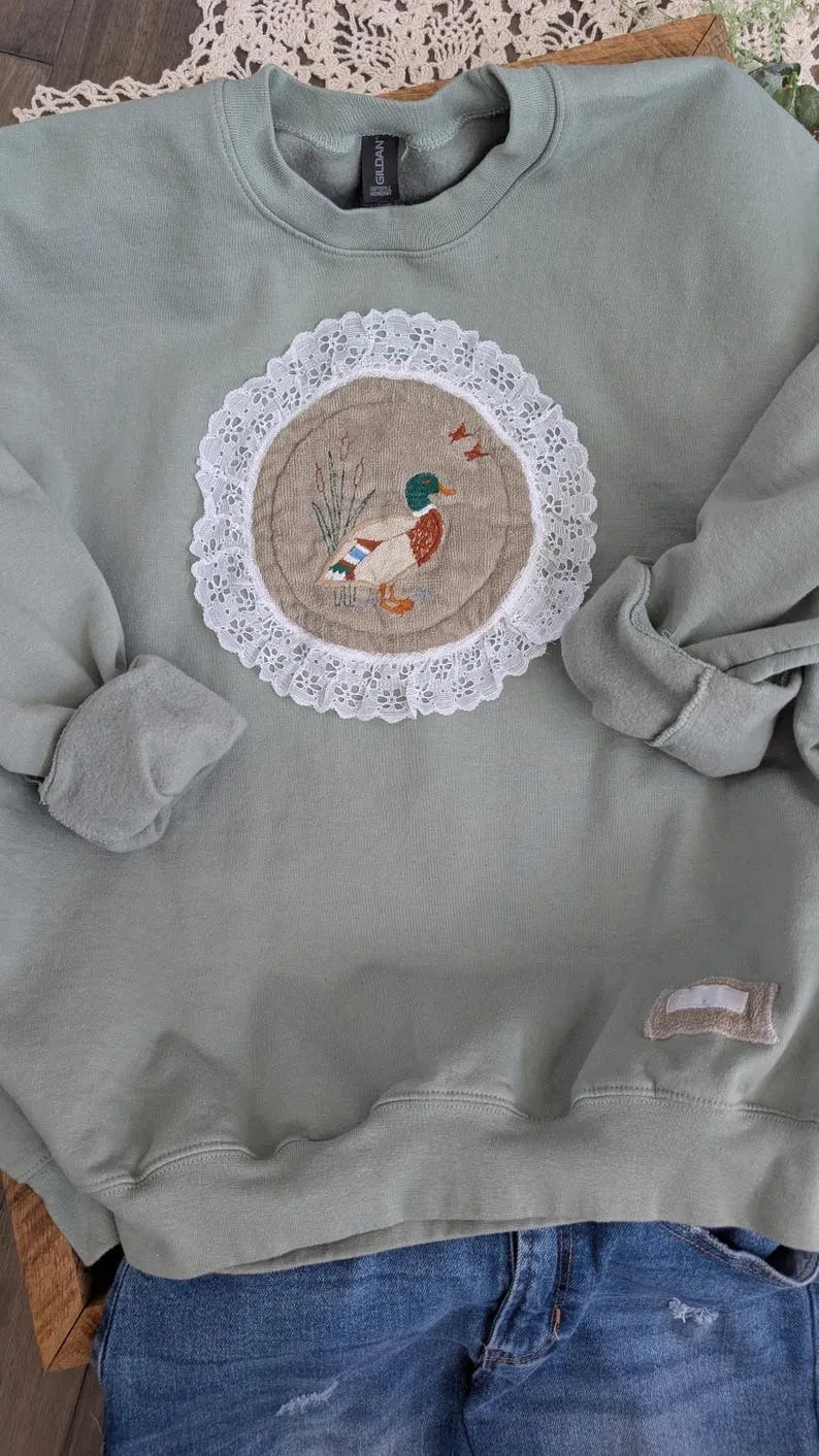 Lace EMBROIDERED Duck on Sage Crewneck