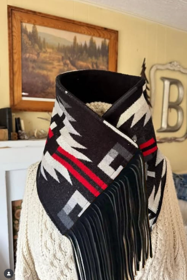 Women's Western Fringed Scarf - Red/Black Aztec Pattern