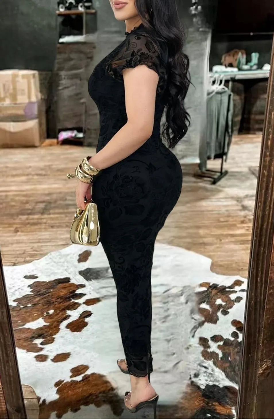 Black Lace High Neck Bodycon Maxi Dress