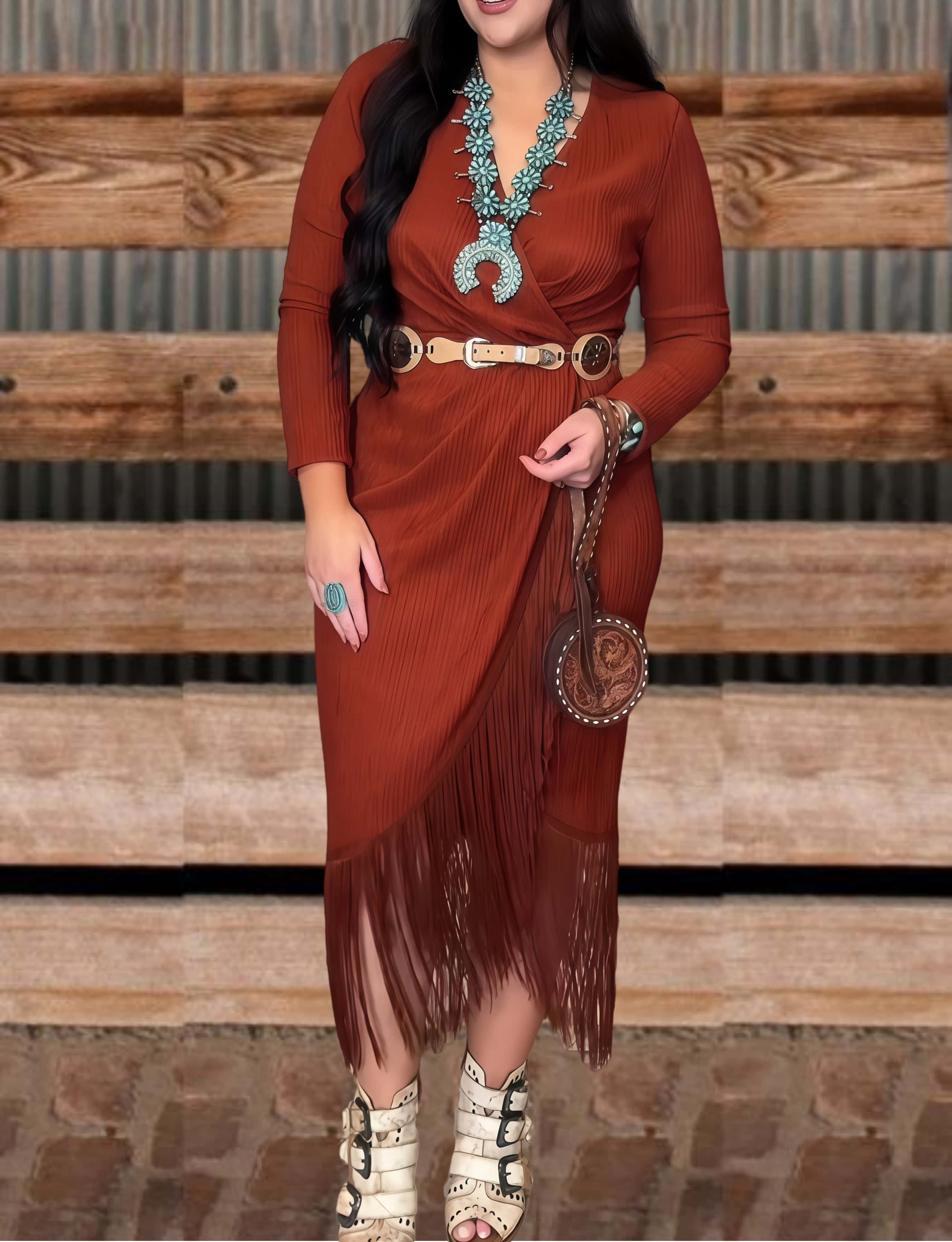 Rodeo Fringe Long Sleeve V-Neck Dress