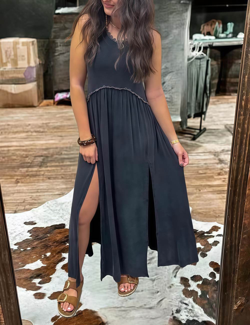 Women's Black Slit Lace Dress
