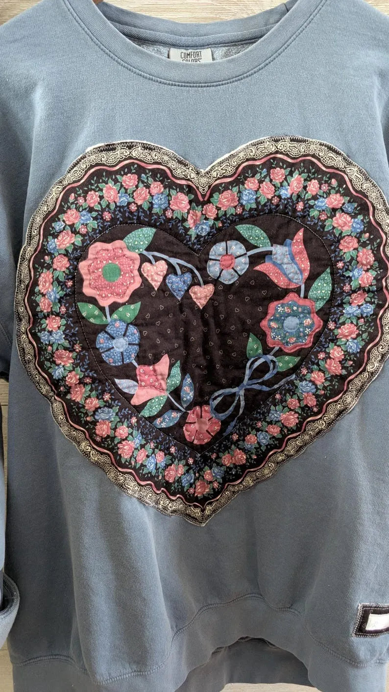 FULL HEART Print on Denim Blue Crewneck