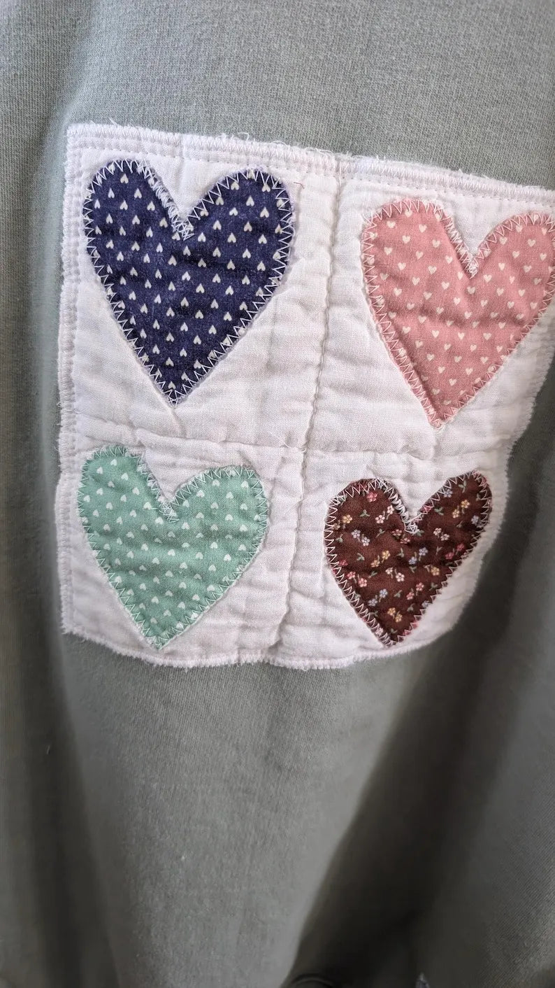 Hearts Quilt Block on Sage Crewneck