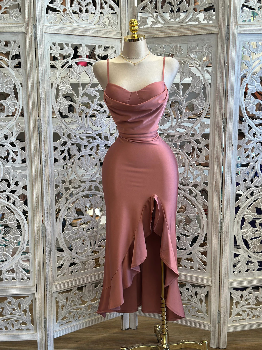Ruffle Slit Cami Midi Dress -Pink & Brown &Burgundy