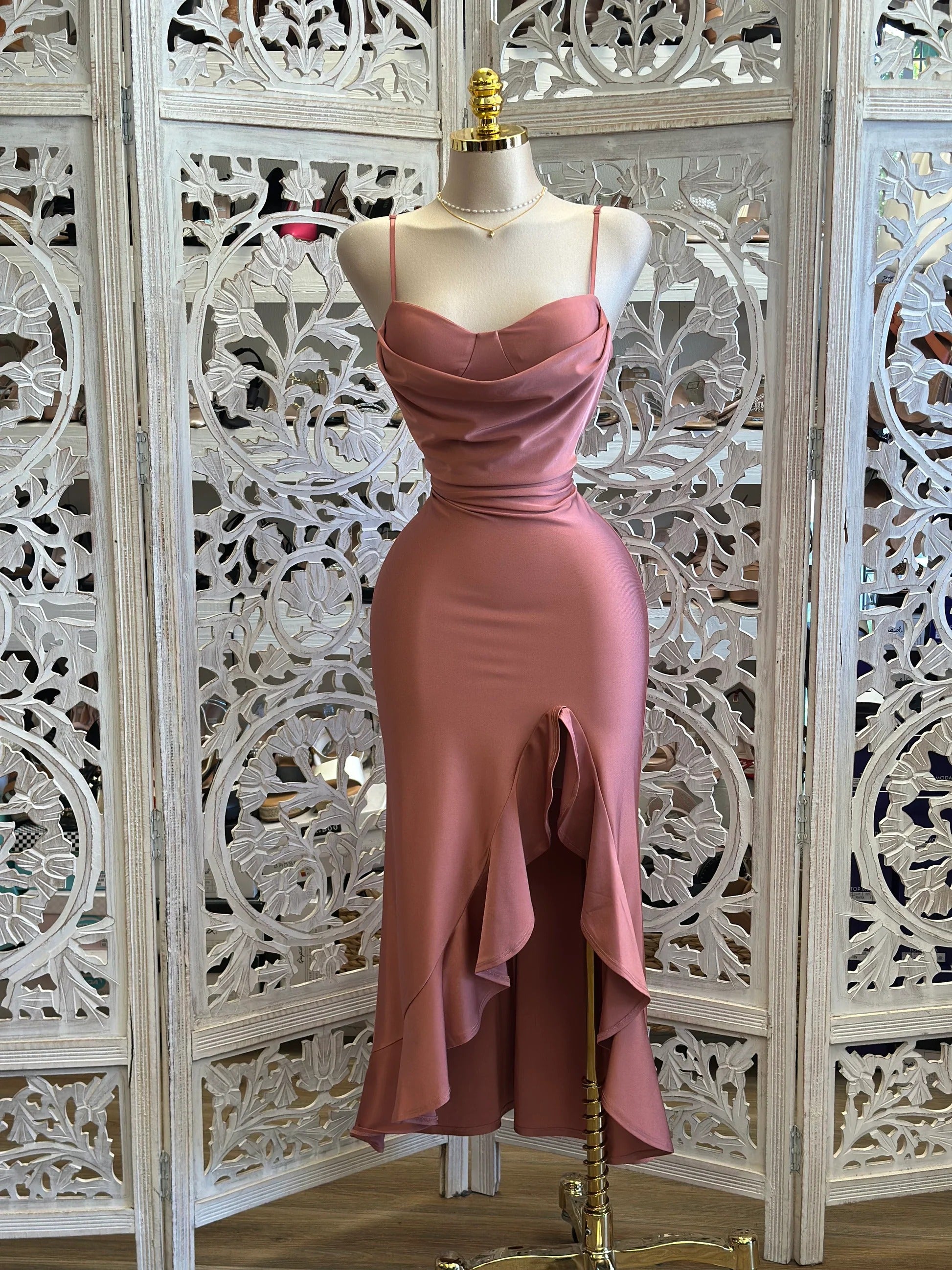 Ruffle Slit Cami Midi Dress -Pink & Brown &Burgundy