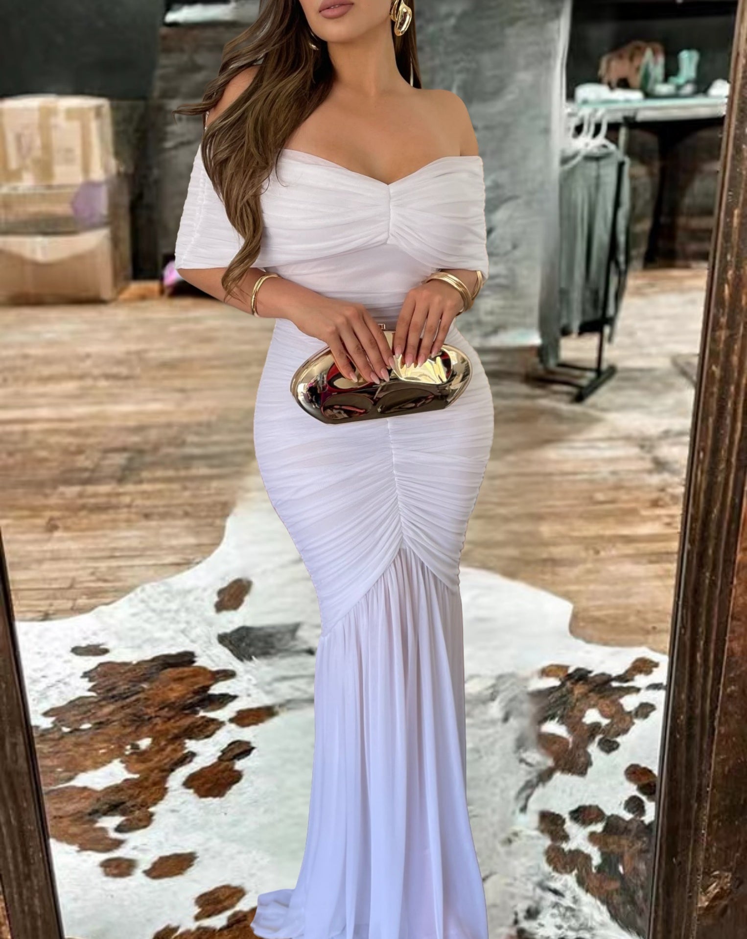 Off-Shoulder Black Maxi Evening Dress
