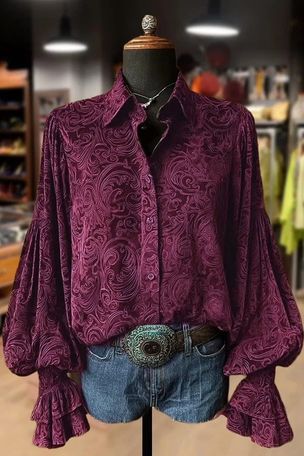 Vintage Floral Print Lantern Sleeve Velvet Top