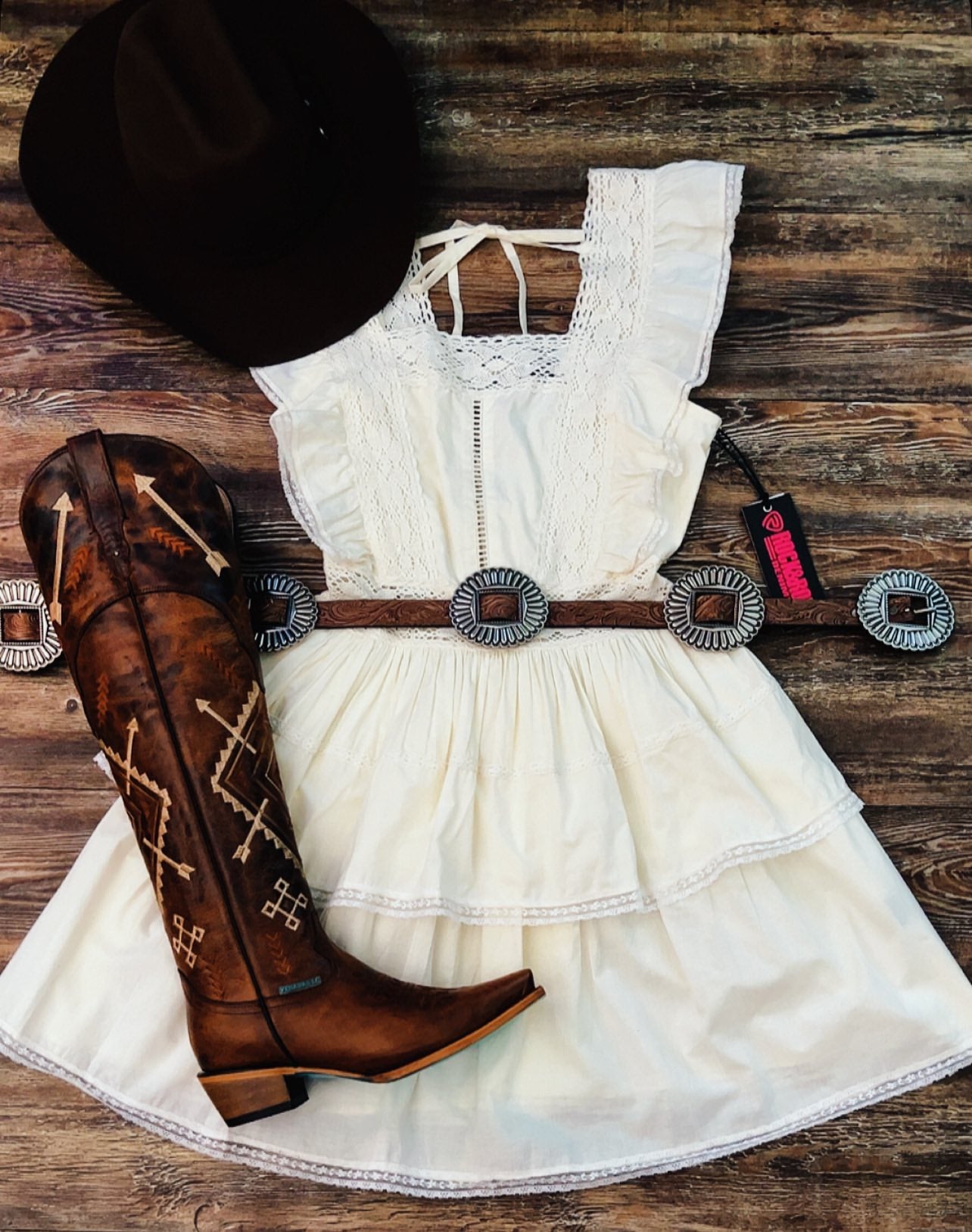 Western Boho Ruffle Tiered Mini Dress--white