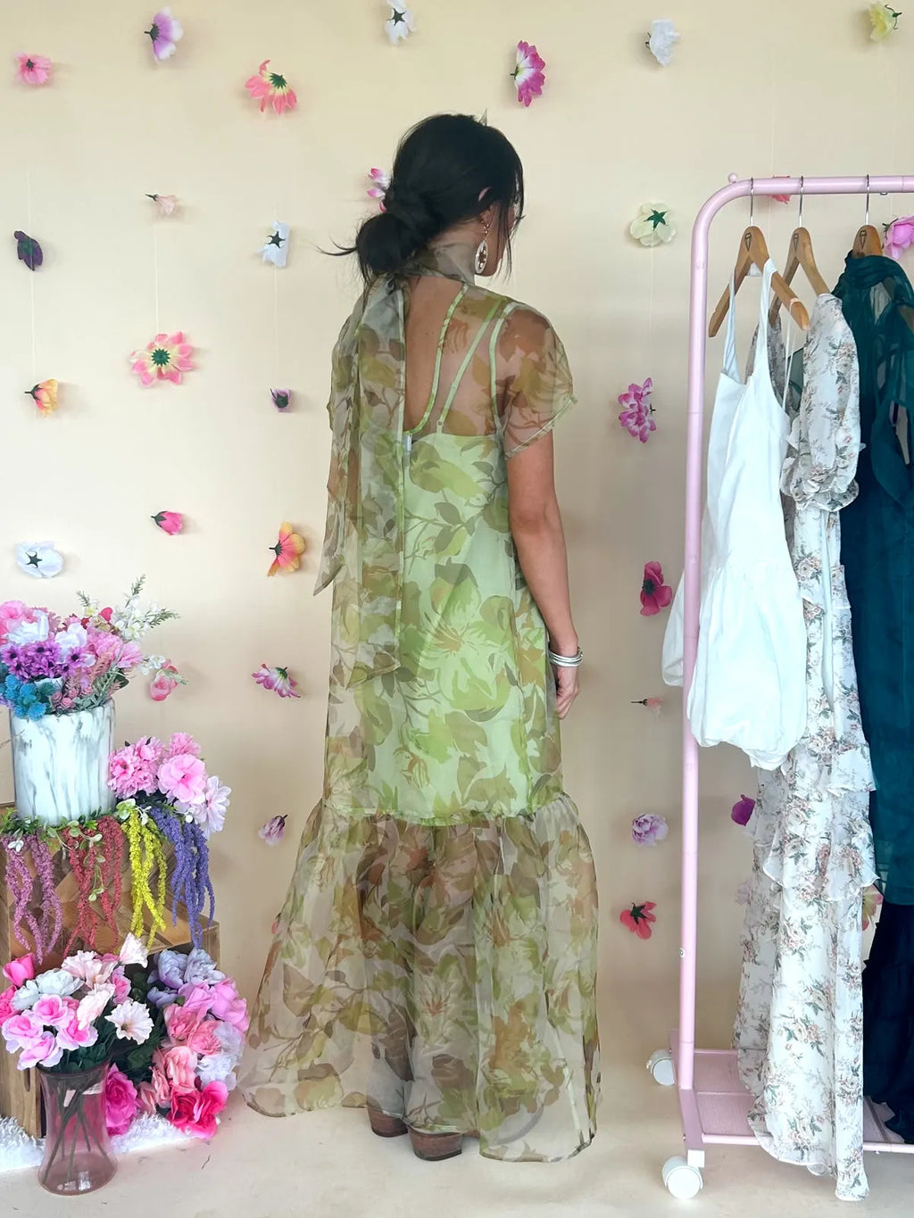 Josie Floral Organza Maxi Dress-Green Multi