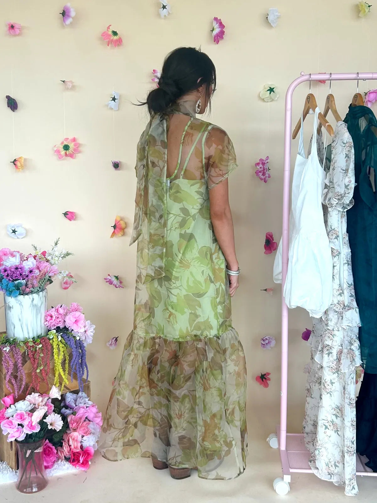 Josie Floral Organza Maxi Dress-Green Multi