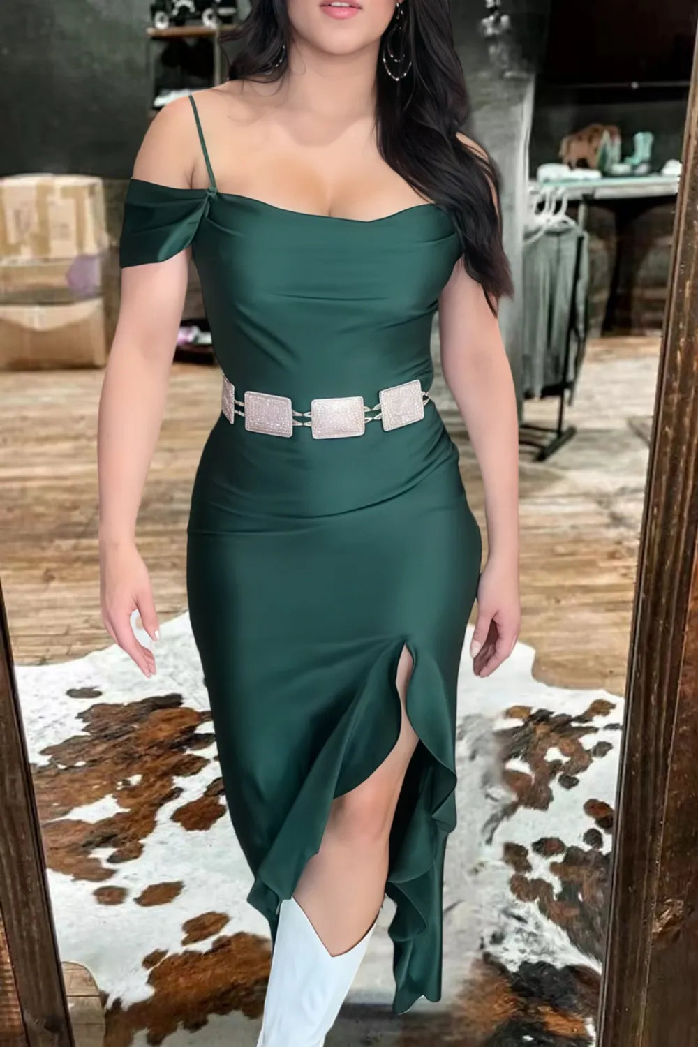 One-shoulder Strappy Ruffled Slit Dress