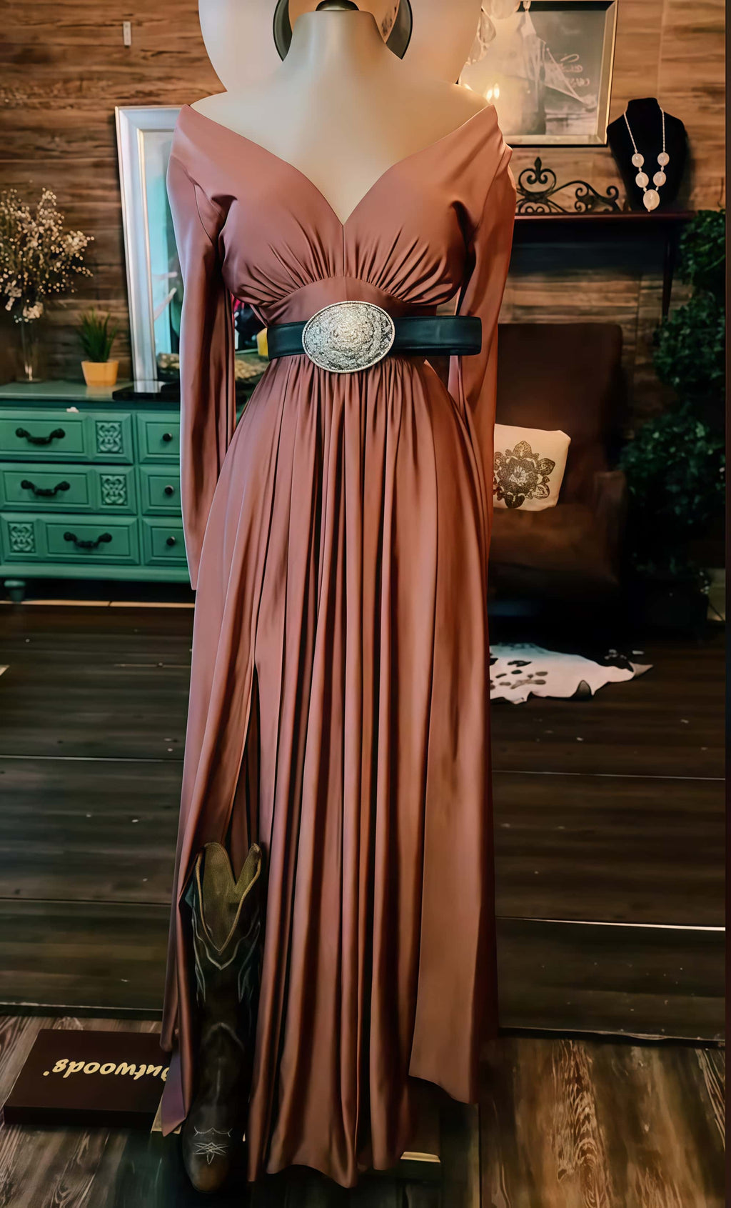 Rust Elegance Western V-Neck Maxi Dress