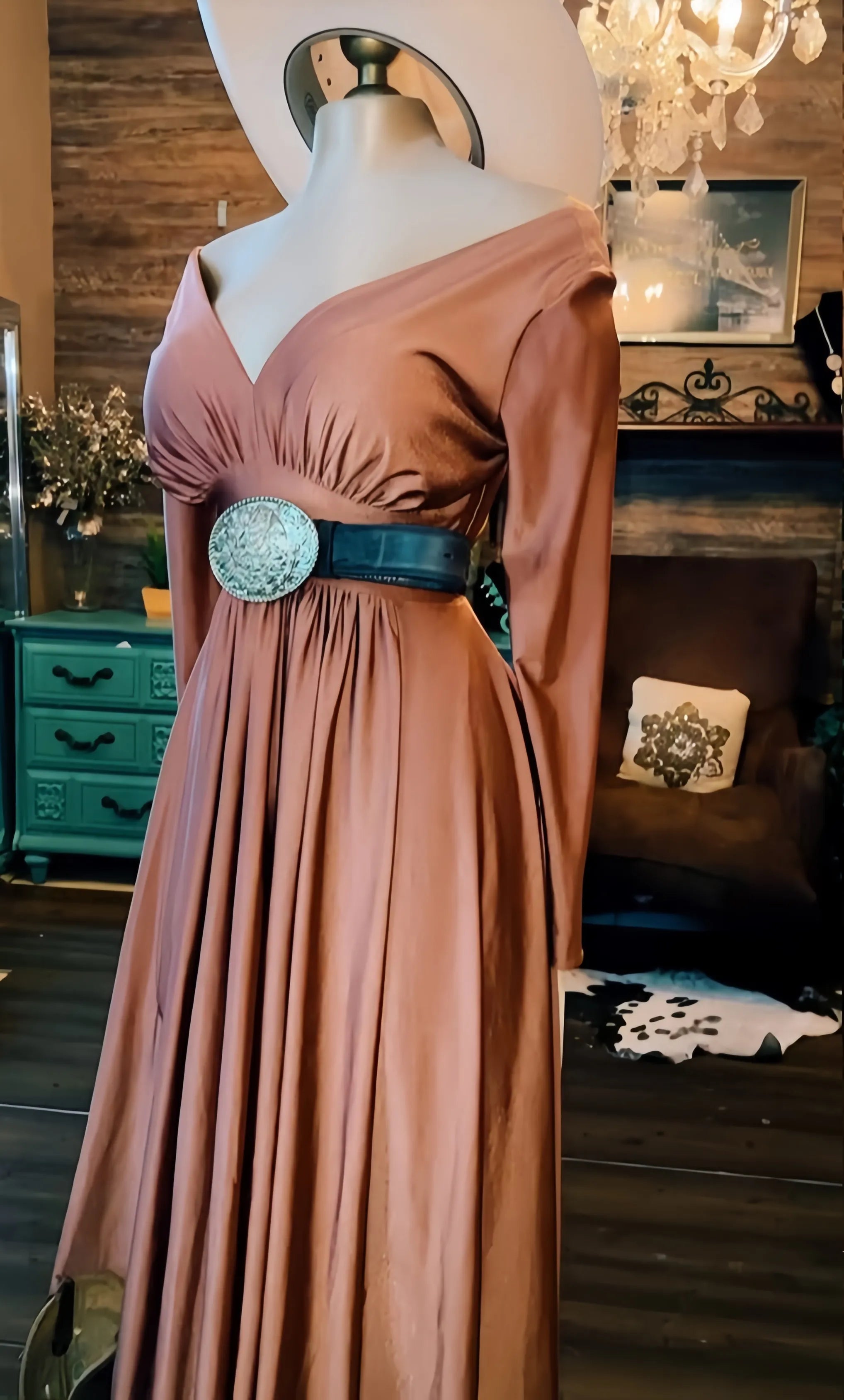 Rust Elegance Western V-Neck Maxi Dress
