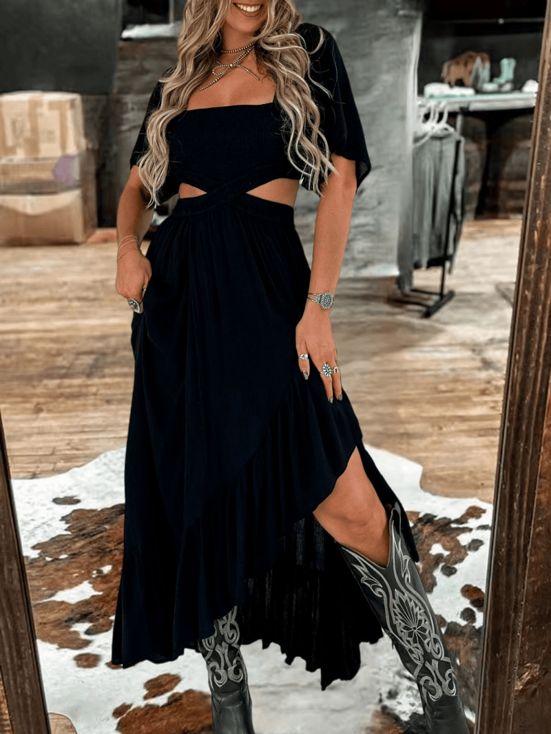 Vintage V-neck Slit Black Long Sleeve Maxi Dress